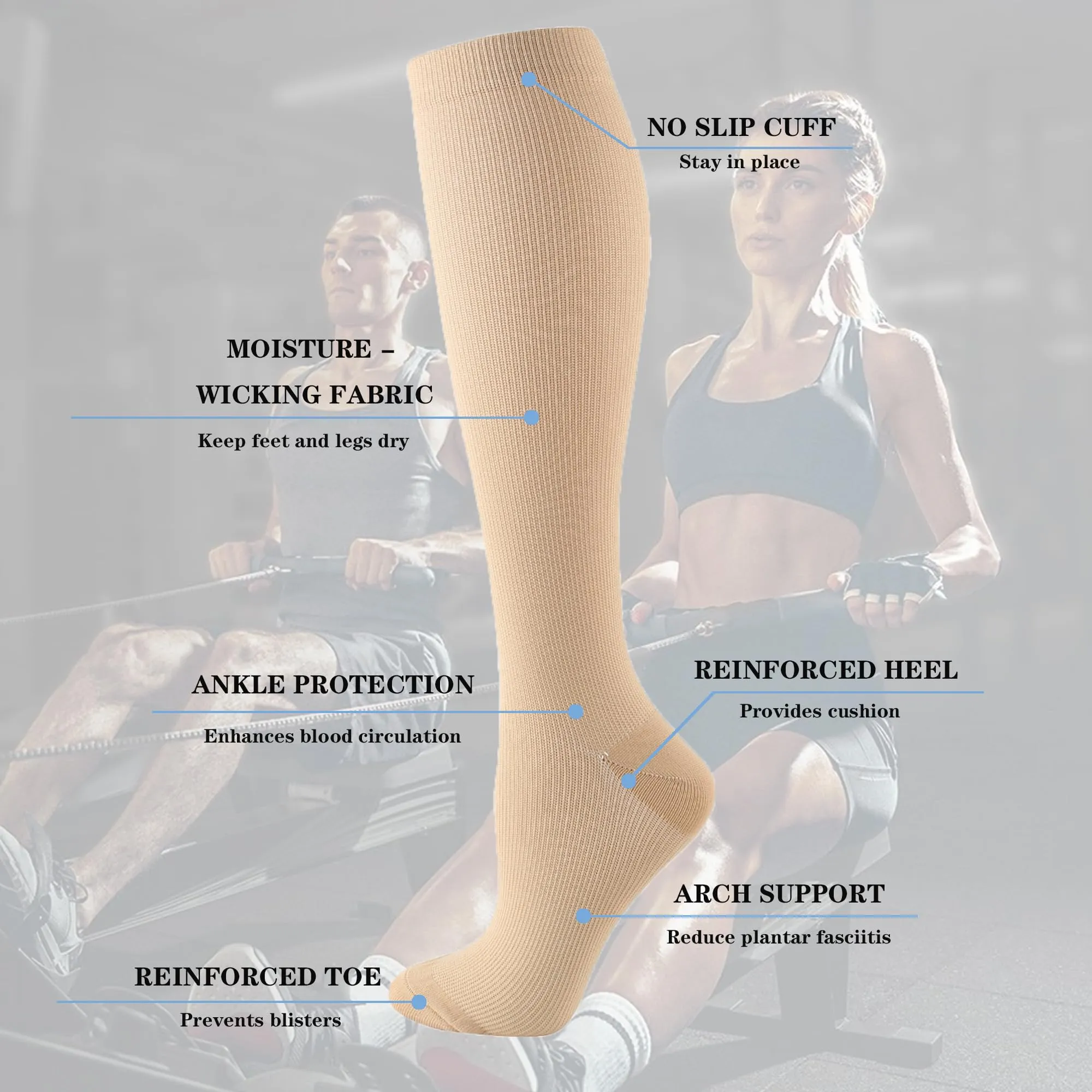 6 Pairs Compression Socks for Women and Men Circulation, 20-30 mmhg Knee High Best Support for Athletic Running, Cycling, Hiking, Medical, Nurse, Recovery Khaki Large-X-Large