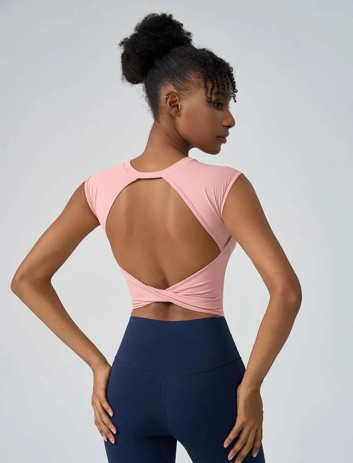 ABOCIW Workout Tops for Women Open Back Longline Sports Bras Athletic Crop Top Cap Sleeve Gym T Shirts with Built in Bra