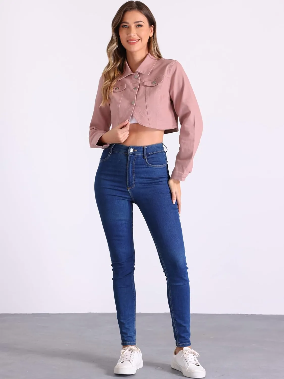 Allegra K Casual Denim Jacket for Women's Collared Button Down Long Sleeve Crop Jean Jackets