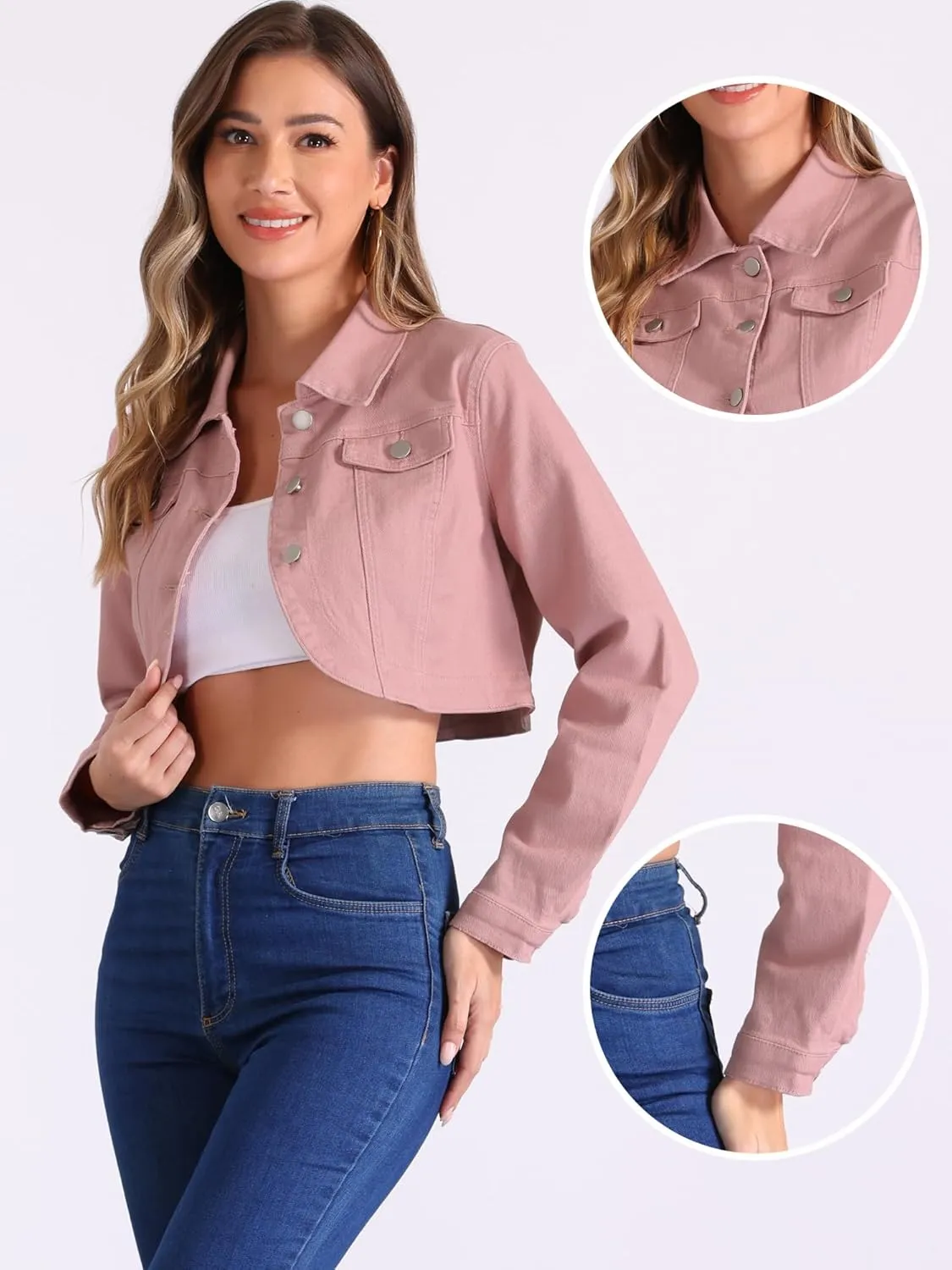 Allegra K Casual Denim Jacket for Women's Collared Button Down Long Sleeve Crop Jean Jackets