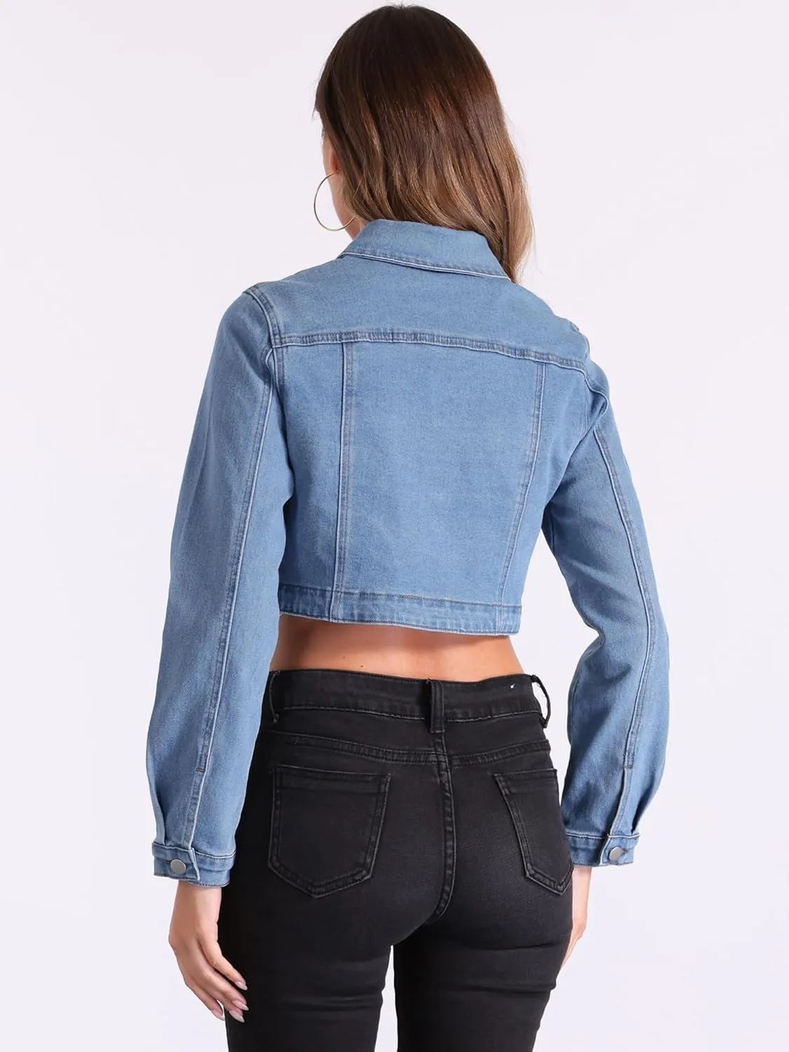 Allegra K Casual Denim Jacket for Women's Collared Button Down Long Sleeve Crop Jean Jackets