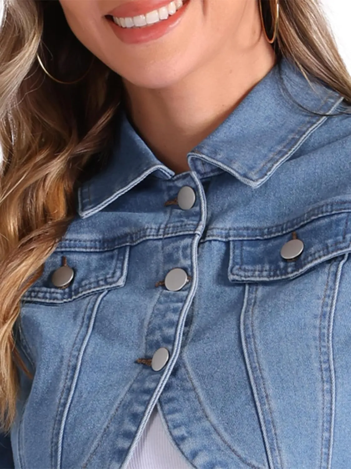 Allegra K Casual Denim Jacket for Women's Collared Button Down Long Sleeve Crop Jean Jackets