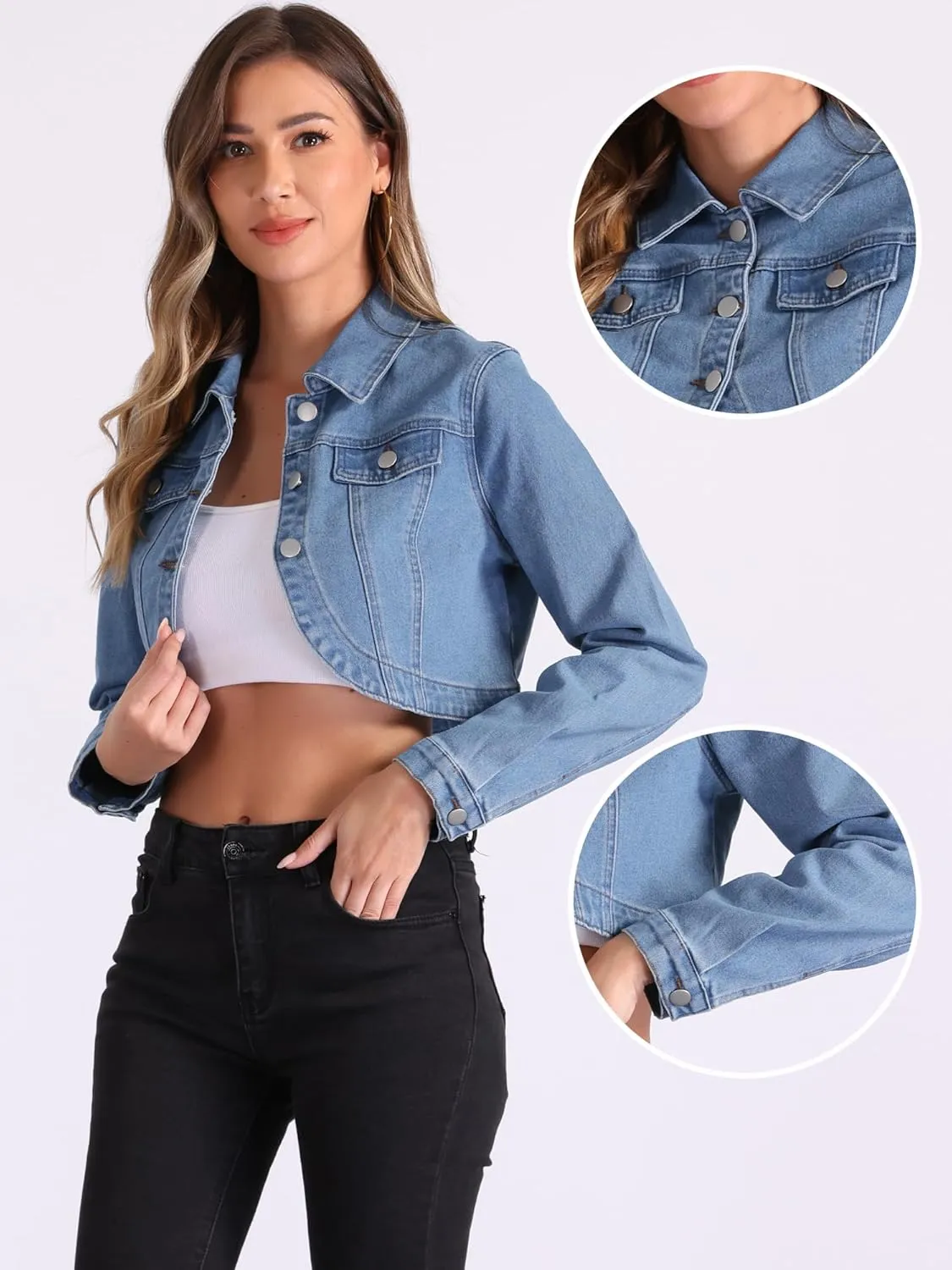 Allegra K Casual Denim Jacket for Women's Collared Button Down Long Sleeve Crop Jean Jackets