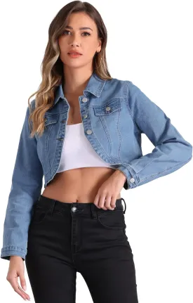 Allegra K Casual Denim Jacket for Women's Collared Button Down Long Sleeve Crop Jean Jackets