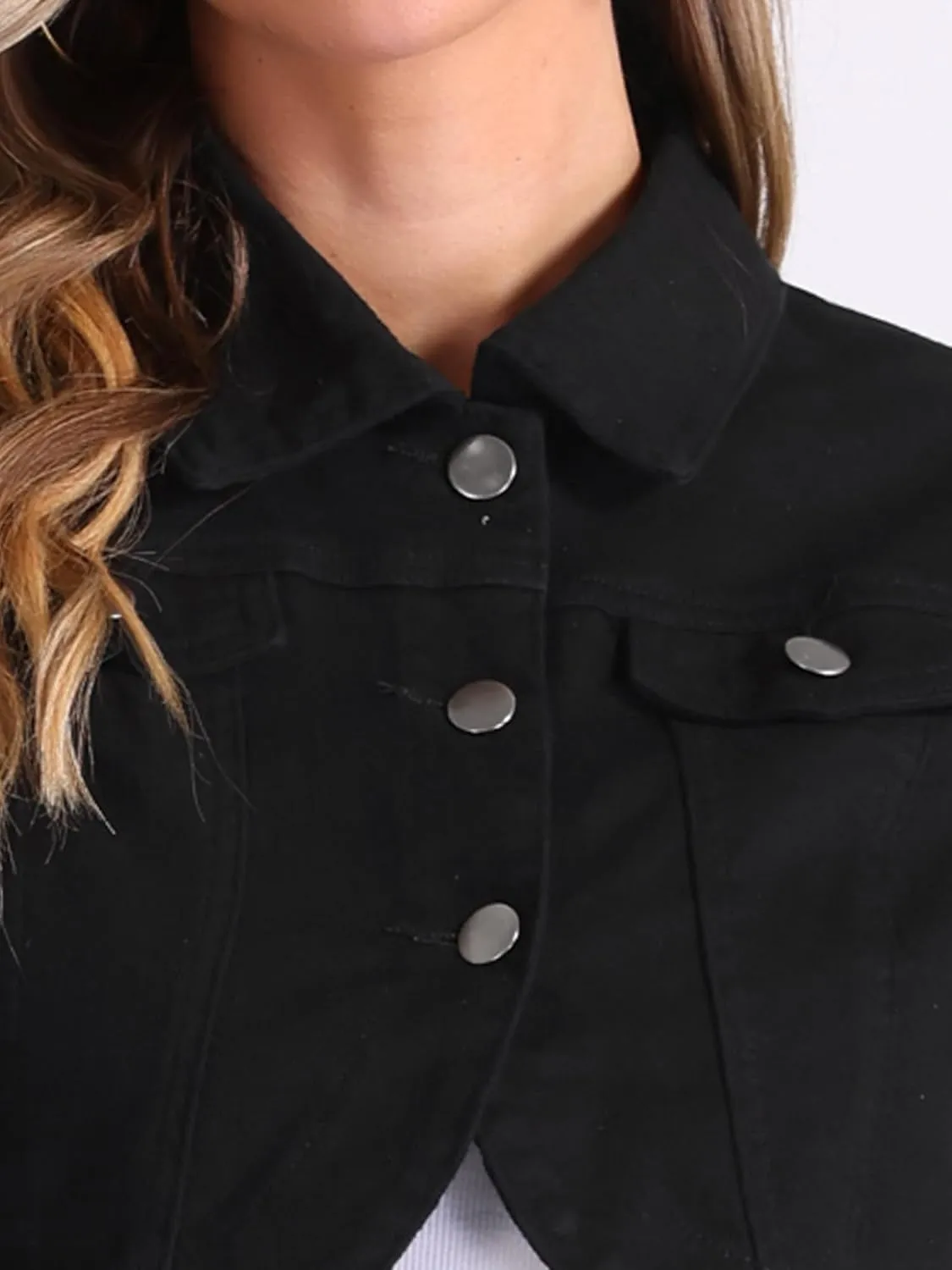 Allegra K Casual Denim Jacket for Women's Collared Button Down Long Sleeve Crop Jean Jackets
