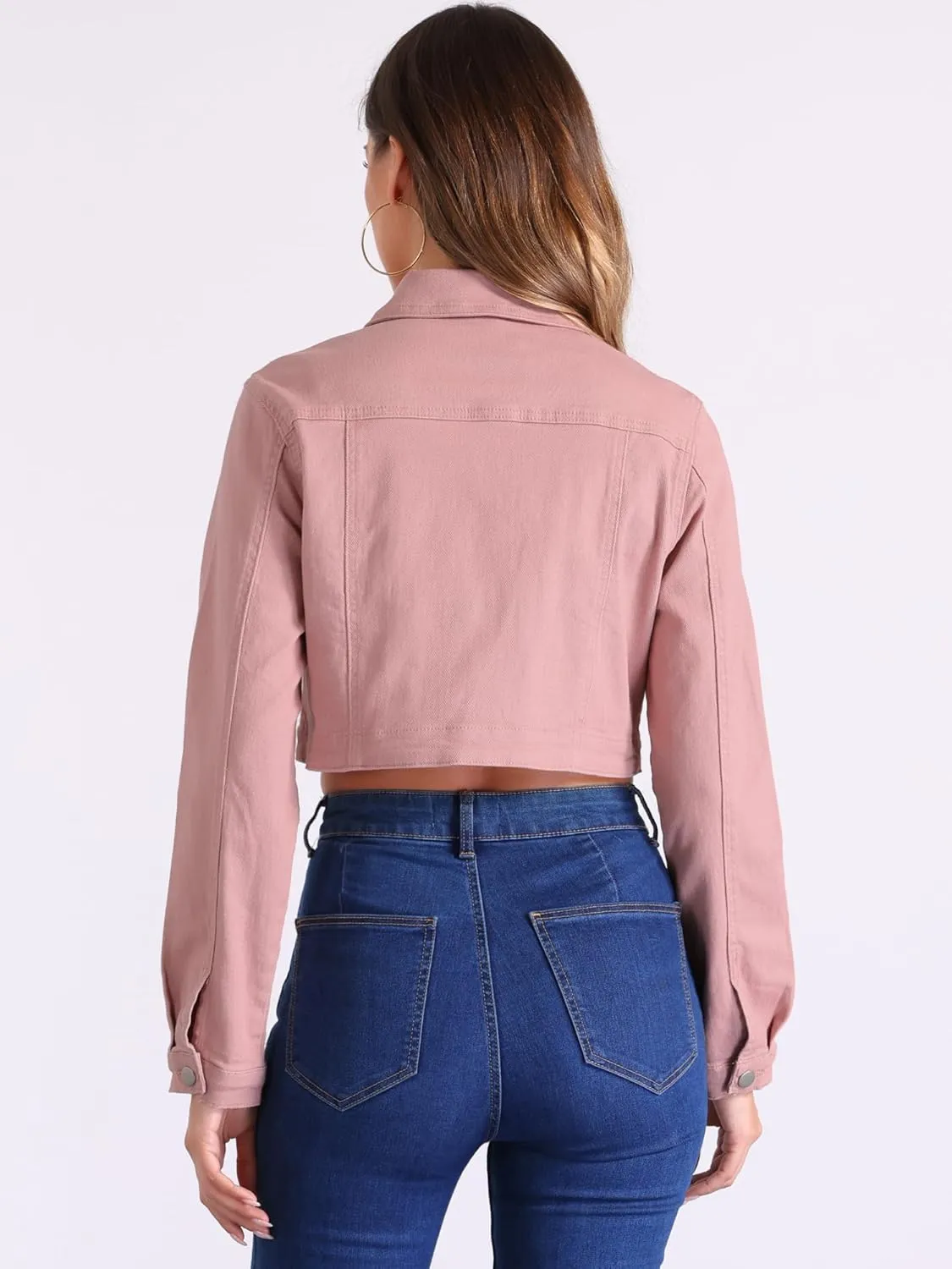 Allegra K Casual Denim Jacket for Women's Collared Button Down Long Sleeve Crop Jean Jackets