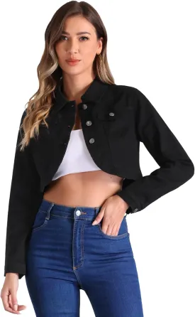Allegra K Casual Denim Jacket for Women's Collared Button Down Long Sleeve Crop Jean Jackets