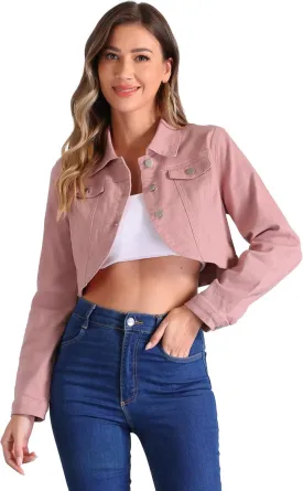 Allegra K Casual Denim Jacket for Women's Collared Button Down Long Sleeve Crop Jean Jackets