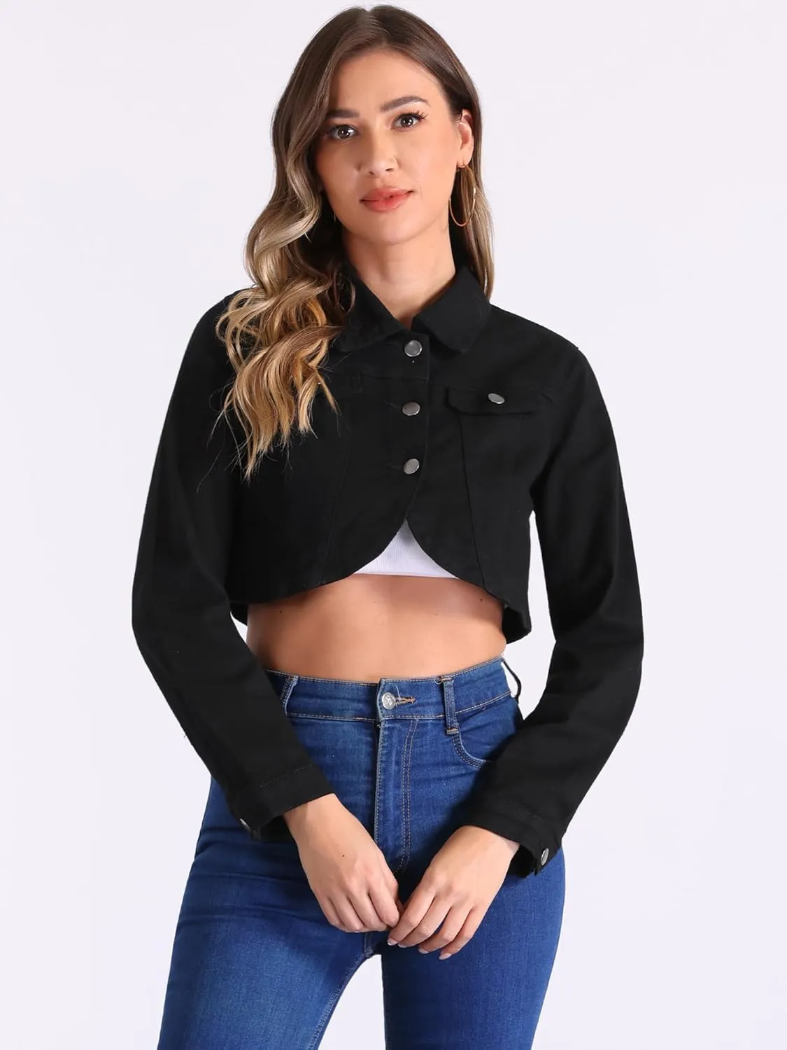 Allegra K Casual Denim Jacket for Women's Collared Button Down Long Sleeve Crop Jean Jackets