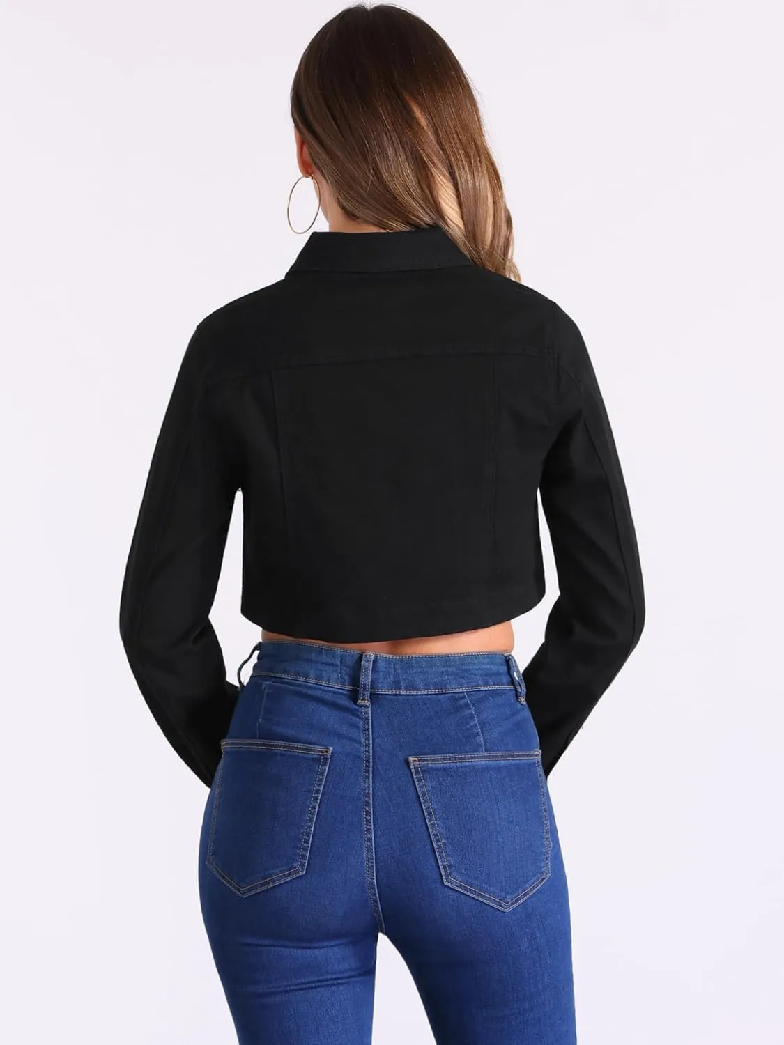 Allegra K Casual Denim Jacket for Women's Collared Button Down Long Sleeve Crop Jean Jackets