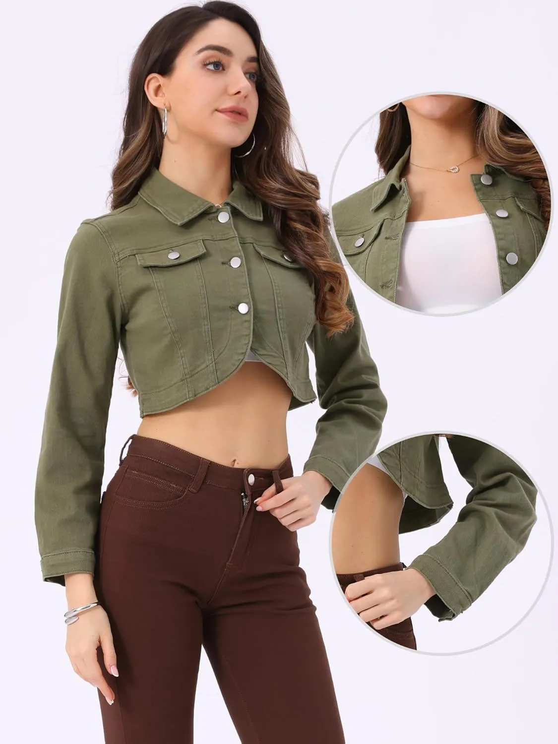 Allegra K Casual Denim Jacket for Women's Collared Button Down Long Sleeve Crop Jean Jackets