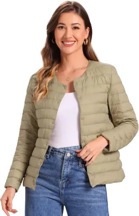 Allegra K Women's Puffer Jacket Lightweight Button Down Packable Long Sleeve Coat
