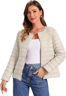Allegra K Women's Puffer Jacket Lightweight Button Down Packable Long Sleeve Coat