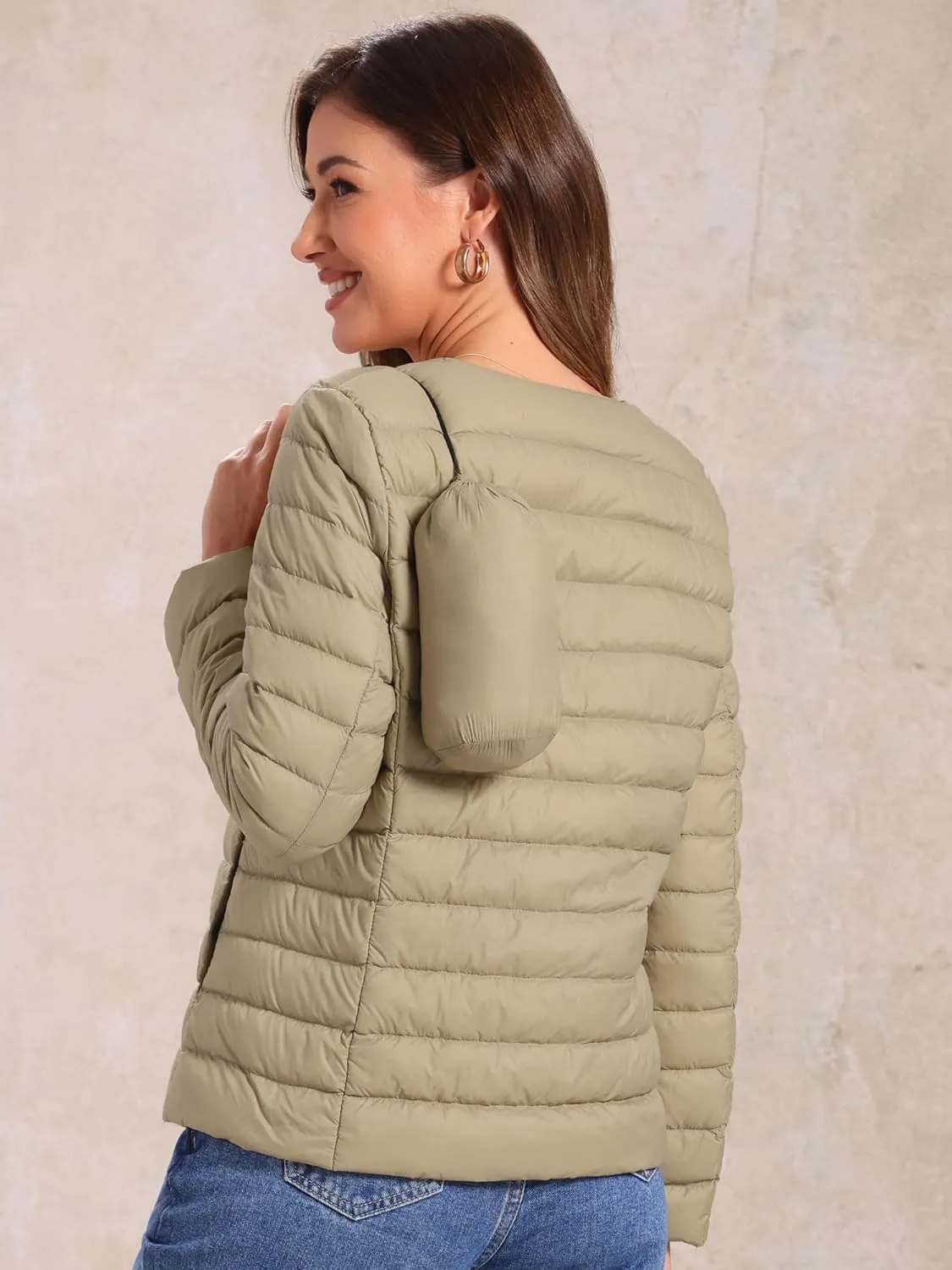 Allegra K Women's Puffer Jacket Lightweight Button Down Packable Long Sleeve Coat