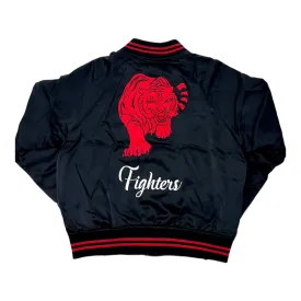 Amiri Fighters Logo Embroidered Satin Bomber Jacket Black Red Pre-Owned