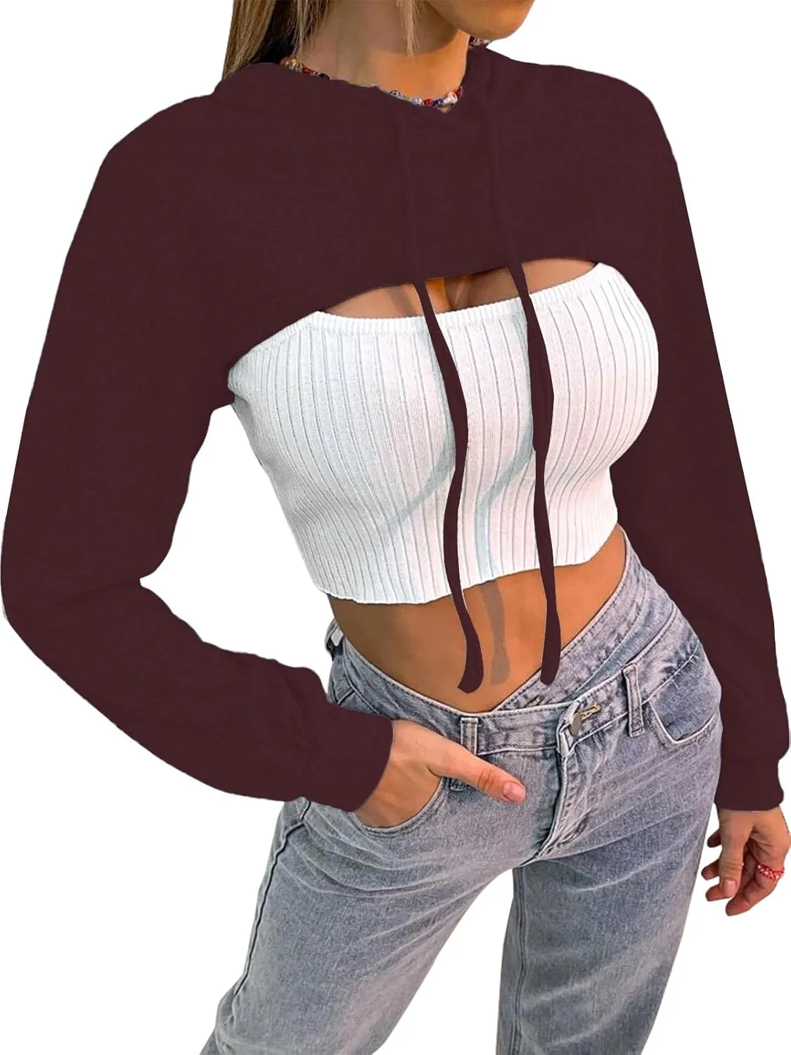 BEJONS Women Long Sleeve Cropped Super Crop Top Hoodies Sweatshirt Aesthetic Punk Hip Hop Dance Sexy Rave Cloth