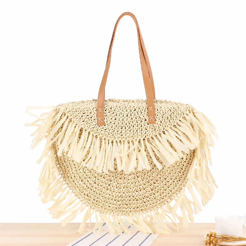 Bohemian Round Tassel Women Straw Bag Designer Spike Paper Rattan Shoulder Bags Large Casual Handbags Summer Beach Woven Purses