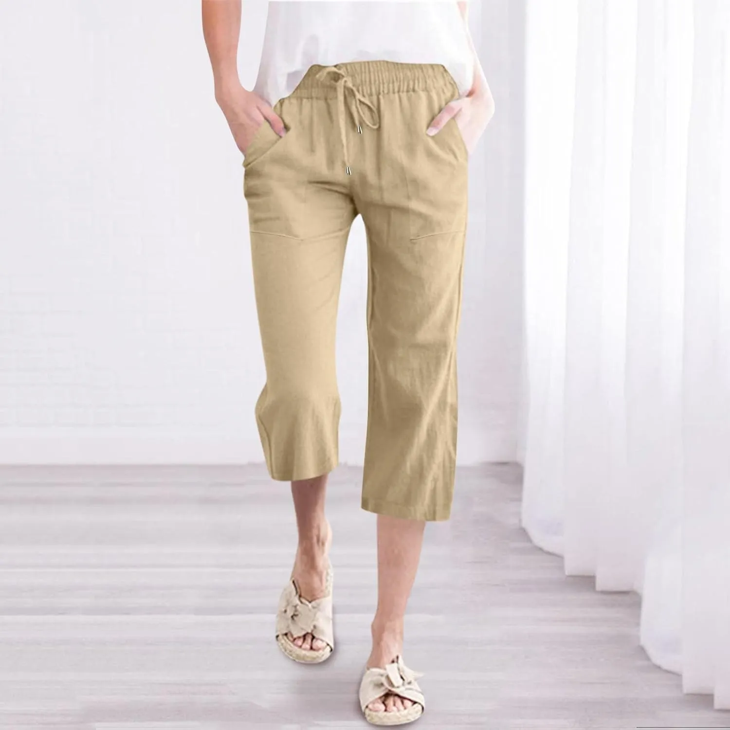 Capris Pants for Women Linen Casual Summer 2025 Wide Leg Loose Elastic Cropped Trouser Lounge Palazzo Pant