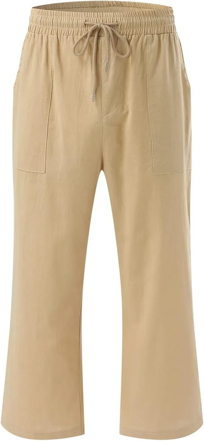 Capris Pants for Women Linen Casual Summer 2025 Wide Leg Loose Elastic Cropped Trouser Lounge Palazzo Pant
