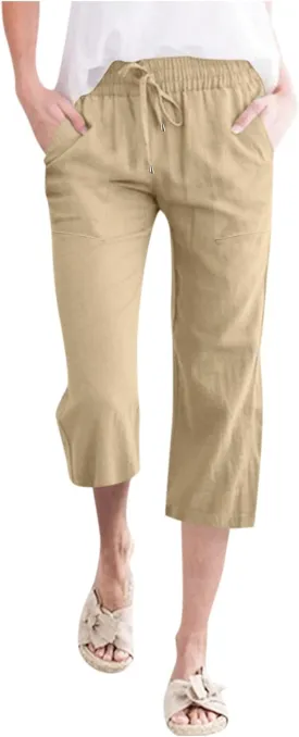 Capris Pants for Women Linen Casual Summer 2025 Wide Leg Loose Elastic Cropped Trouser Lounge Palazzo Pant