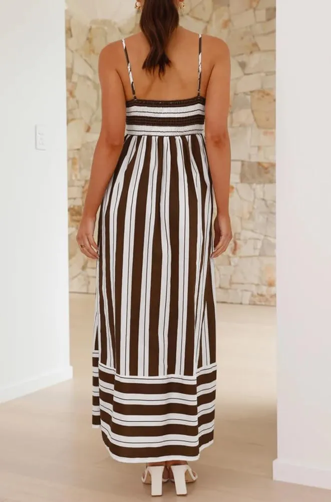 chouyatou Women's Summer Striped Spaghetti Strap Maxi Dress Boho Flowy Swing Back Smocked Beach Sundress