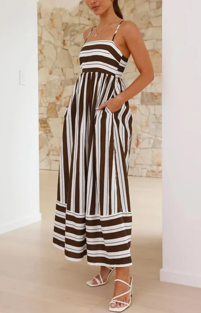 chouyatou Women's Summer Striped Spaghetti Strap Maxi Dress Boho Flowy Swing Back Smocked Beach Sundress