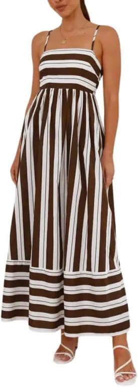 chouyatou Women's Summer Striped Spaghetti Strap Maxi Dress Boho Flowy Swing Back Smocked Beach Sundress