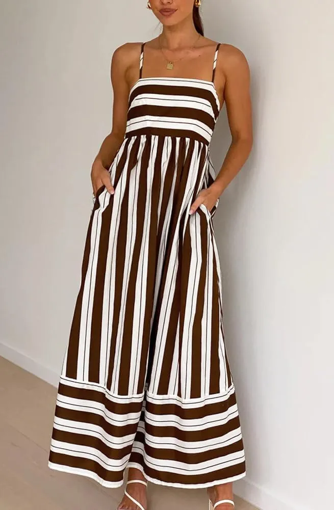 chouyatou Women's Summer Striped Spaghetti Strap Maxi Dress Boho Flowy Swing Back Smocked Beach Sundress