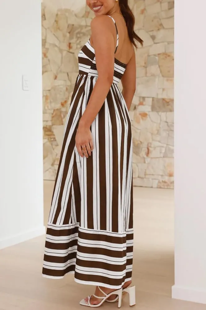 chouyatou Women's Summer Striped Spaghetti Strap Maxi Dress Boho Flowy Swing Back Smocked Beach Sundress