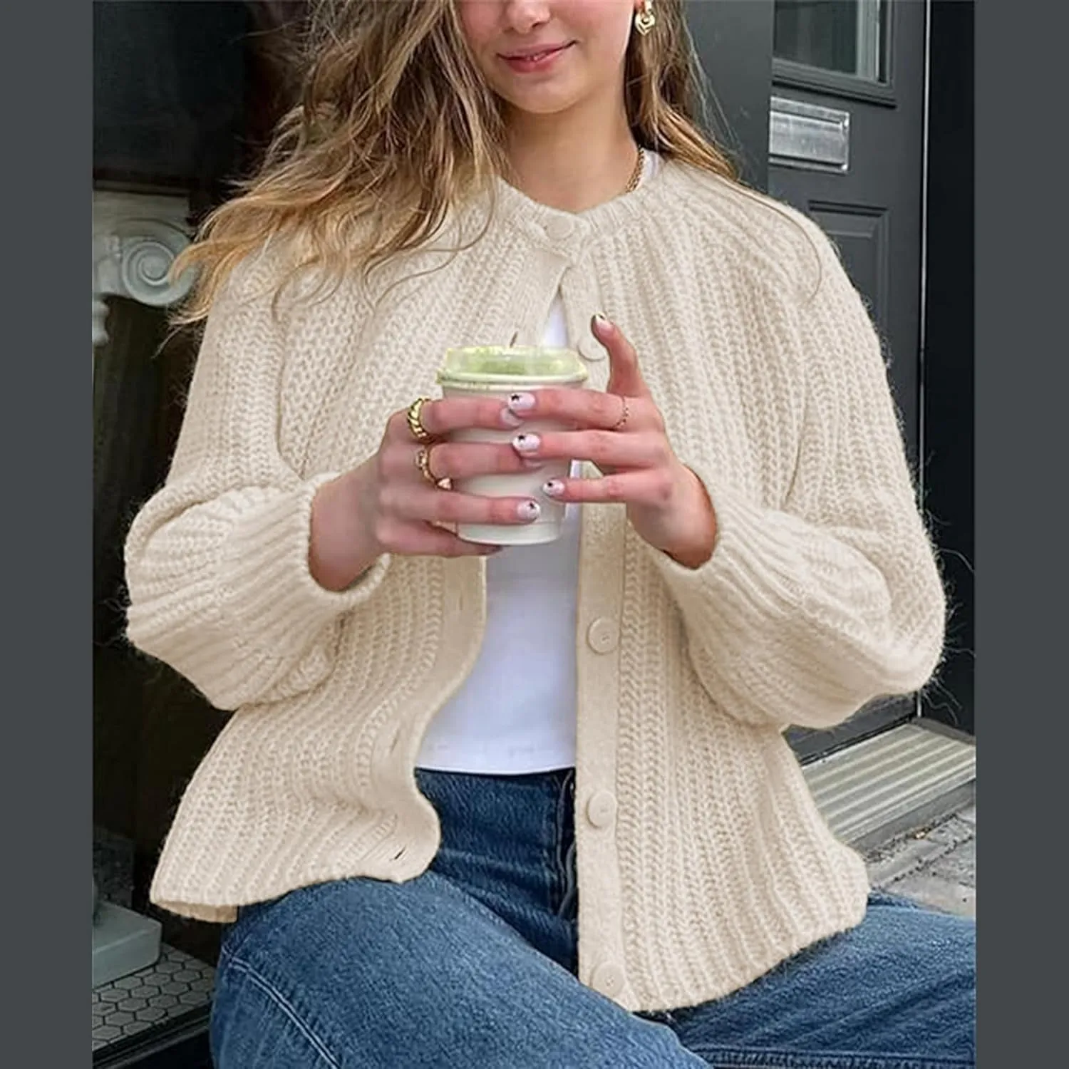 Crochet Cardigan Sweaters for Women Tops Chunky Knitted Crew Neck Long Sleeve Button Down Jackets Open Front Coat
