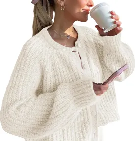 Crochet Cardigan Sweaters for Women Tops Chunky Knitted Crew Neck Long Sleeve Button Down Jackets Open Front Coat