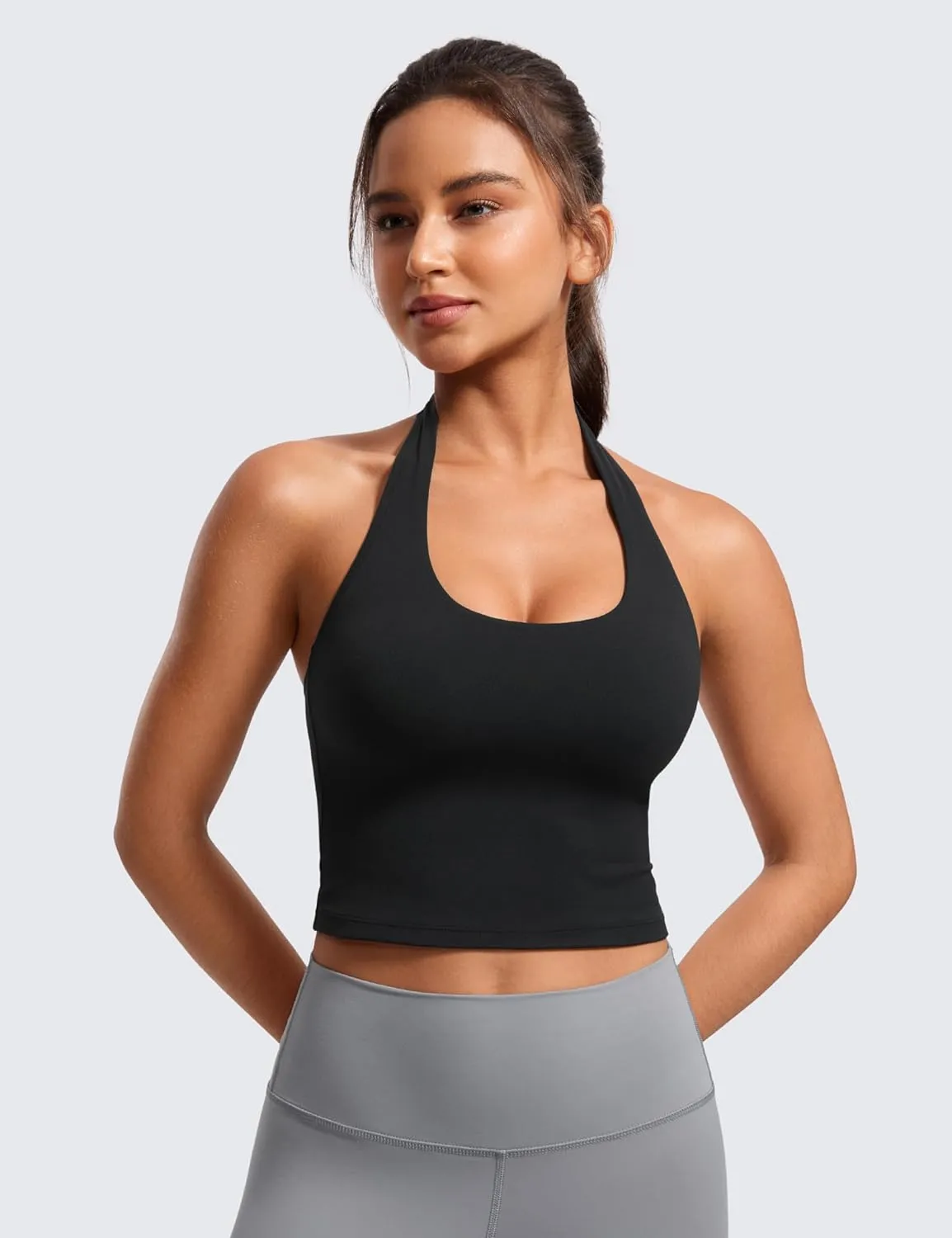 CRZ YOGA Womens Butterluxe Halter Longline Sports Bra - Padded Workout Yoga Crop Tops Tanks with Built in Pads