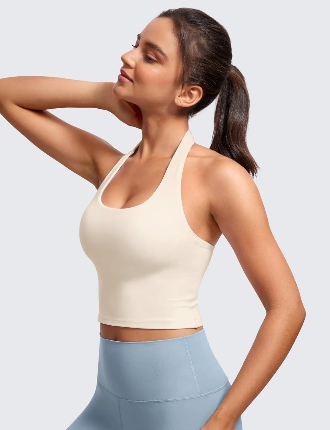 CRZ YOGA Womens Butterluxe Halter Longline Sports Bra - Padded Workout Yoga Crop Tops Tanks with Built in Pads