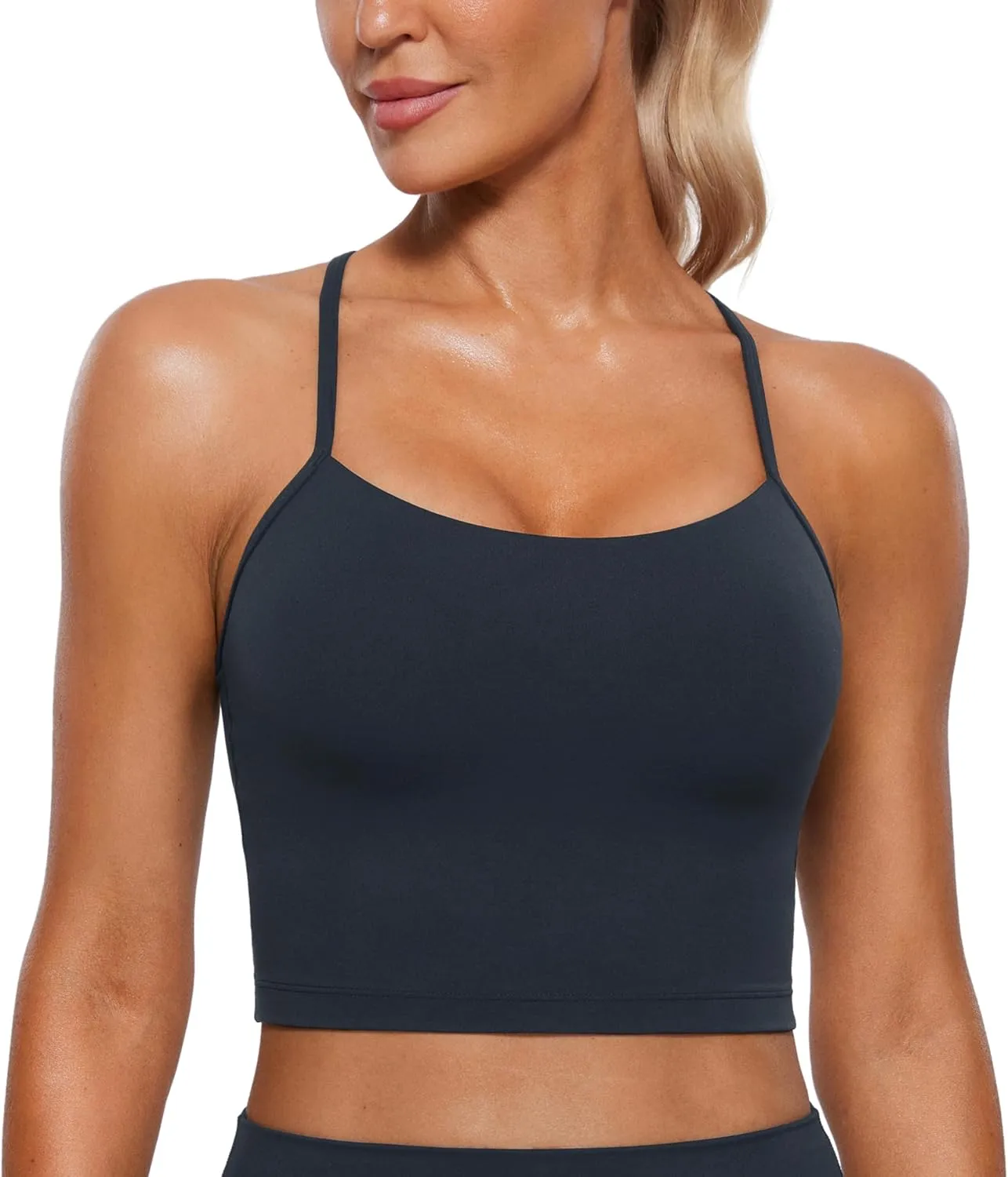 CRZ YOGA Womens Butterluxe Y Back Longline Sports Bras - Spaghetti Straps Racerback Padded Yoga Workout Crop Tank Top