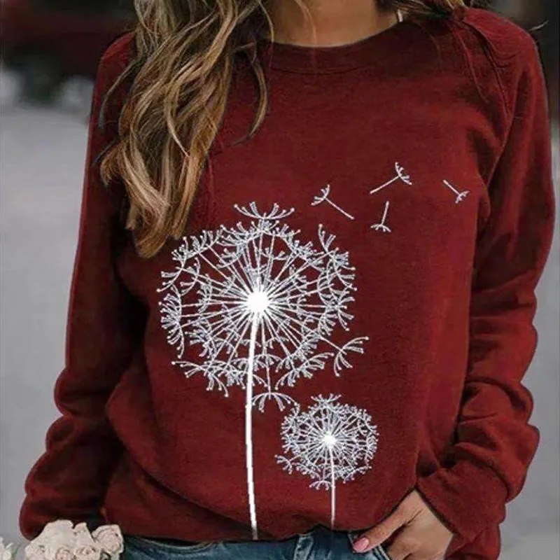 Dandelion Print Plus Size O Neck Hoodie