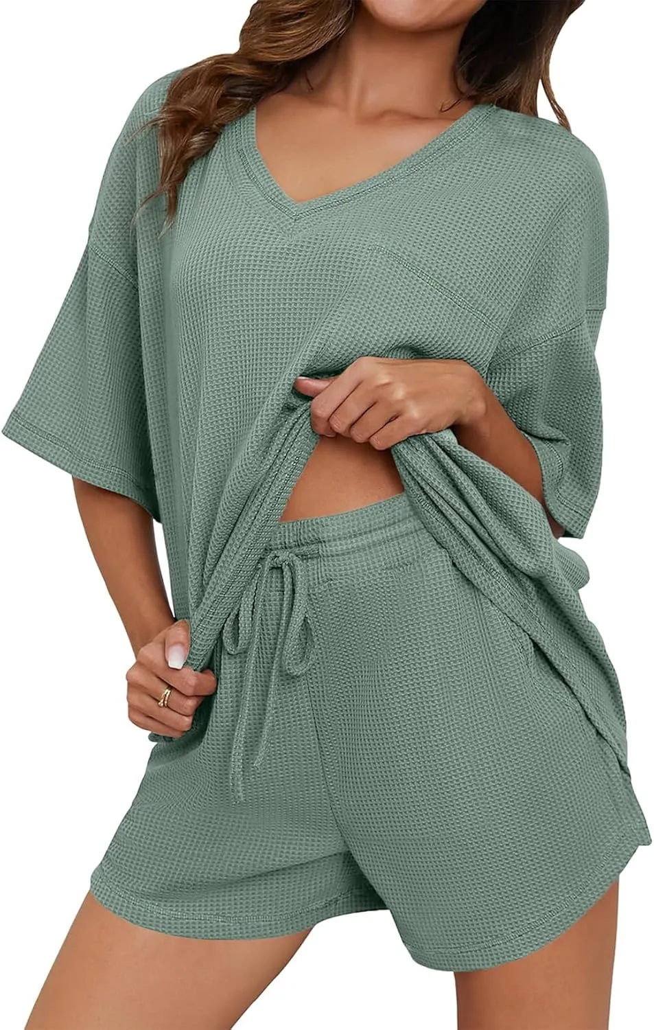 Dokotoo Women's 2 Piece Loungewear Sets Casual Short Sleeve Womens Tops Drawstring Shorts Pants Waffle Knit Sets