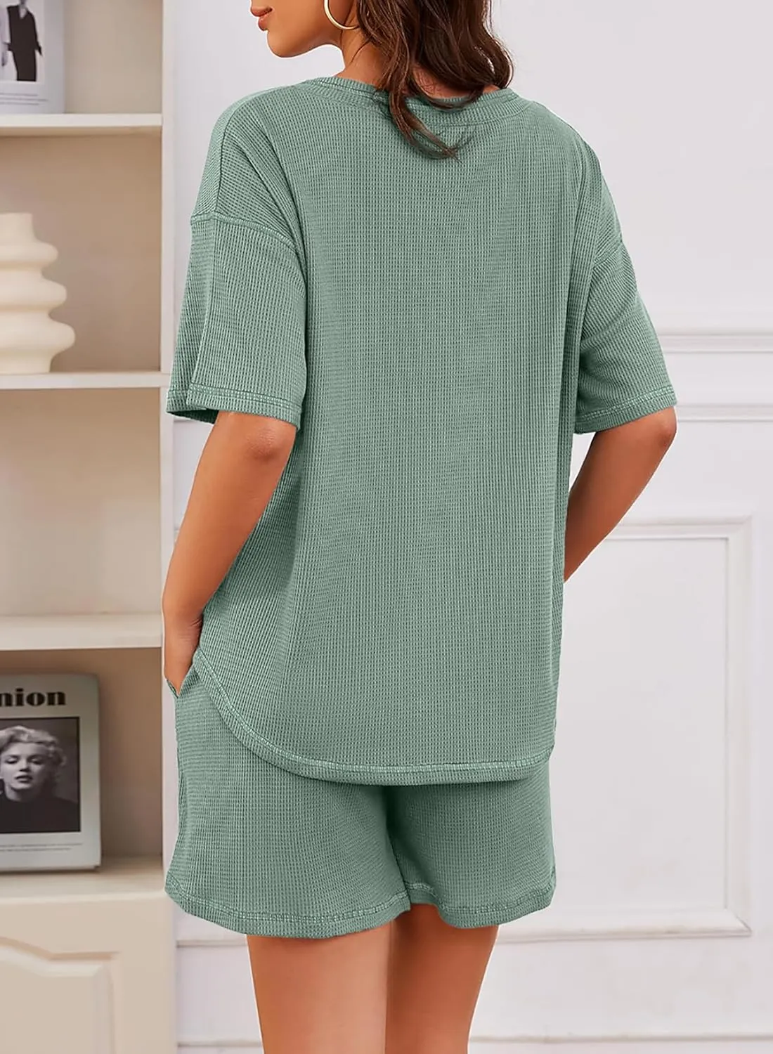 Dokotoo Women's 2 Piece Loungewear Sets Casual Short Sleeve Womens Tops Drawstring Shorts Pants Waffle Knit Sets