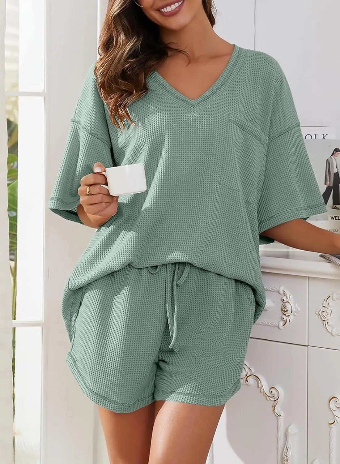 Dokotoo Women's 2 Piece Loungewear Sets Casual Short Sleeve Womens Tops Drawstring Shorts Pants Waffle Knit Sets