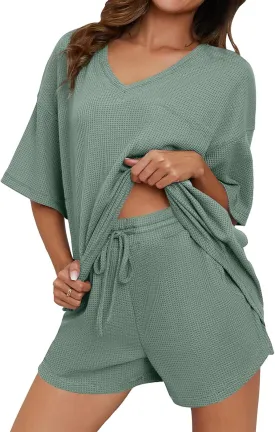 Dokotoo Women's 2 Piece Loungewear Sets Casual Short Sleeve Womens Tops Drawstring Shorts Pants Waffle Knit Sets