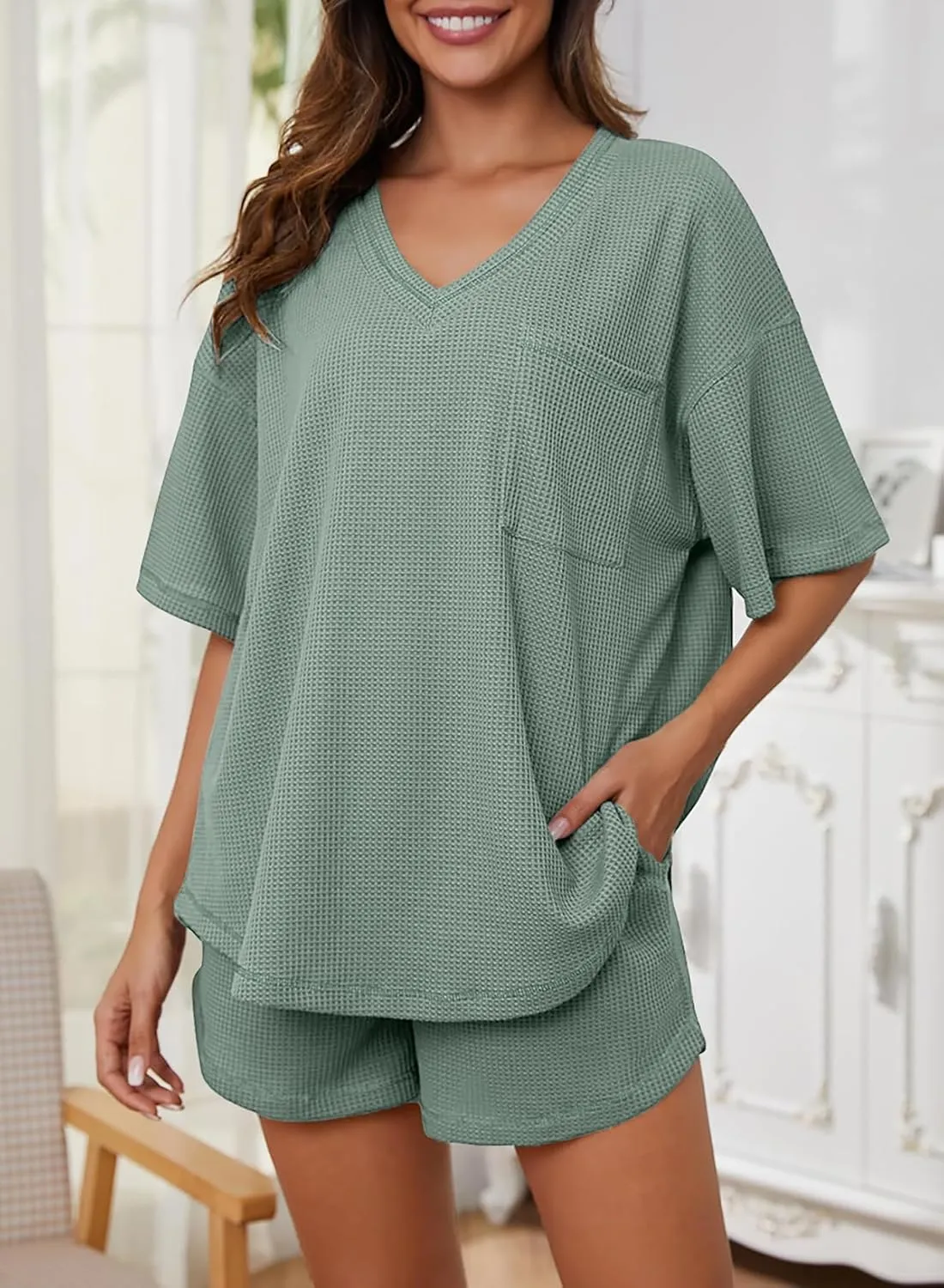 Dokotoo Women's 2 Piece Loungewear Sets Casual Short Sleeve Womens Tops Drawstring Shorts Pants Waffle Knit Sets