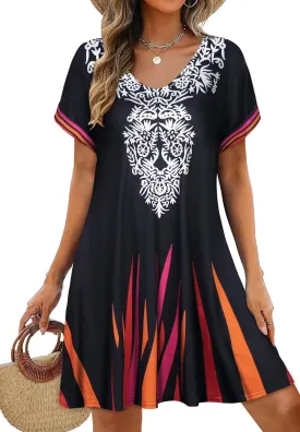 elescat Summer Dresses for Women V Neck Short Sleeve Flowy Tshirt Dress Casual Loose Sundress with Pockets