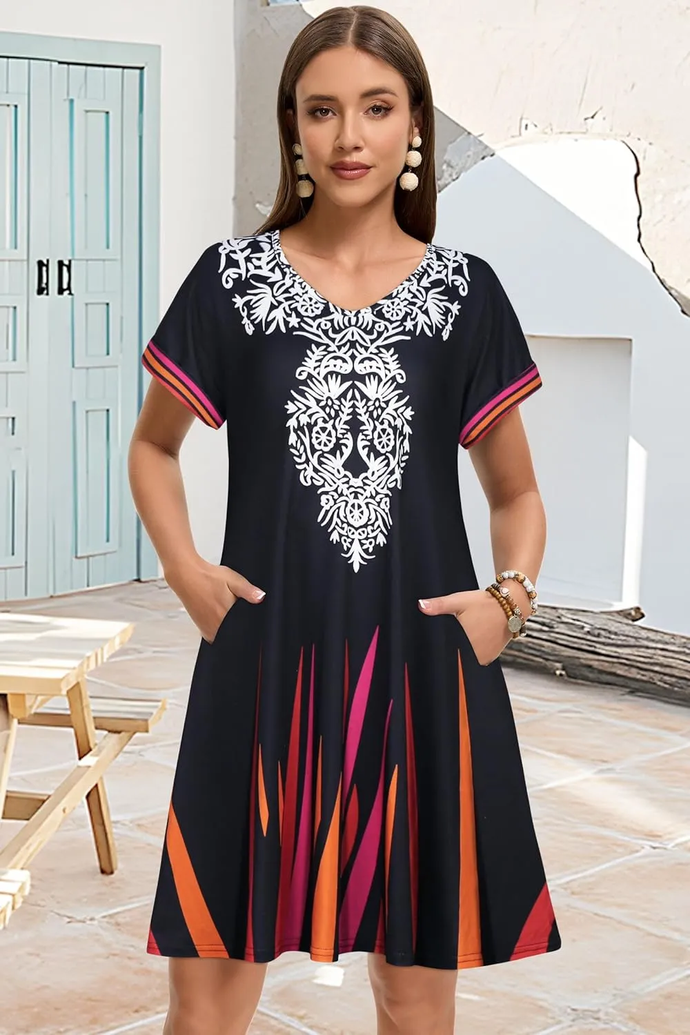elescat Summer Dresses for Women V Neck Short Sleeve Flowy Tshirt Dress Casual Loose Sundress with Pockets
