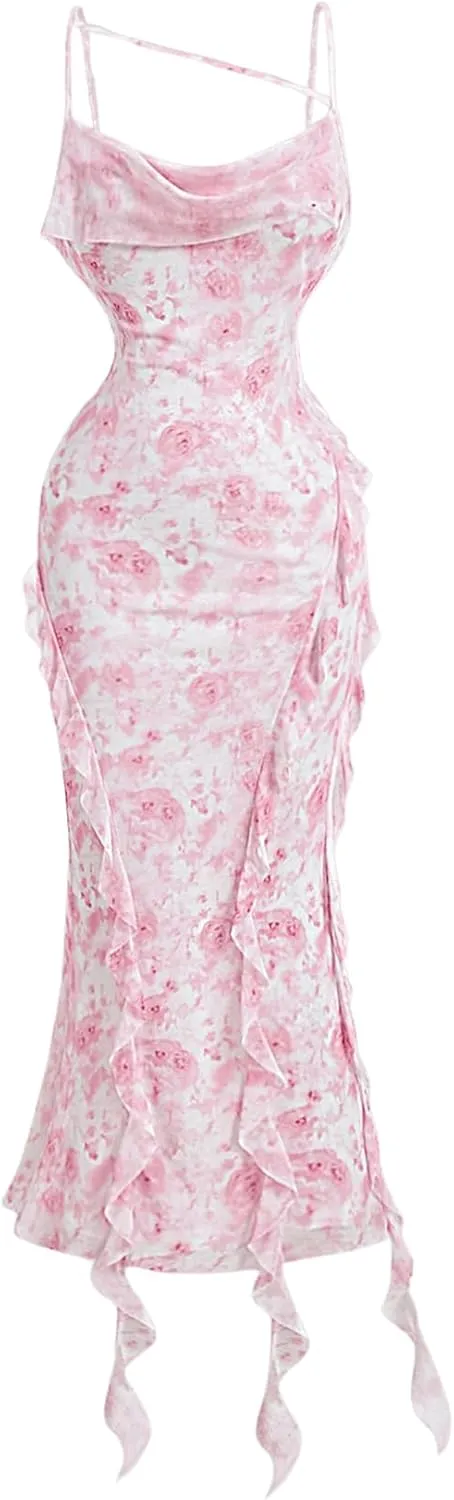 GORGLITTER Women's Floral Print Cowl Neck Ruffle Hem Bodycon Maxi Dress Party Sleeveless Cami Dresses