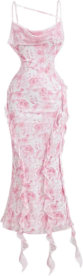 GORGLITTER Women's Floral Print Cowl Neck Ruffle Hem Bodycon Maxi Dress Party Sleeveless Cami Dresses