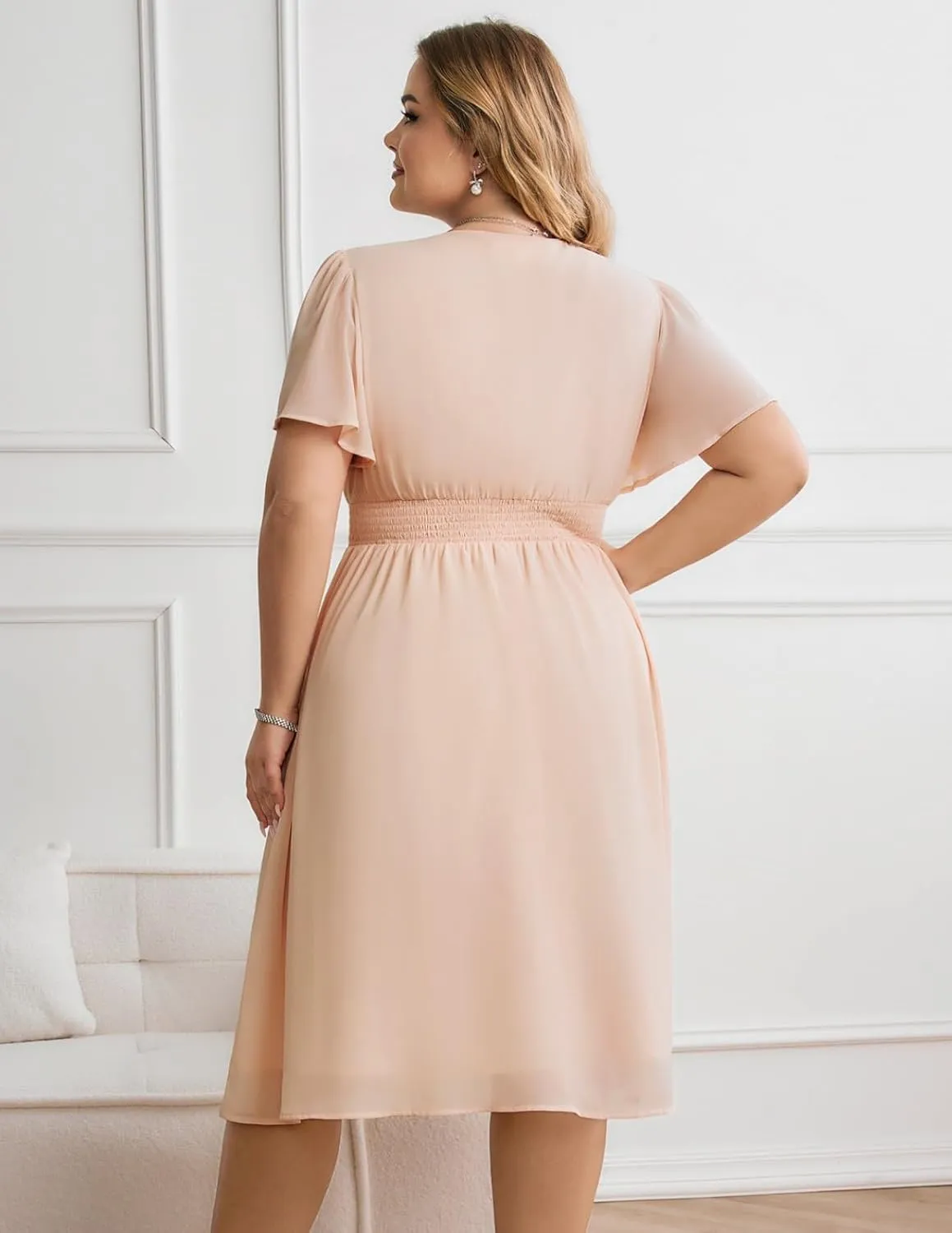 Hanna Nikole Womens Plus Size Chiffon Cocktail Dress Smocked Waist Ruffle Sleeve Party Wedding Guest Dress with Pockets