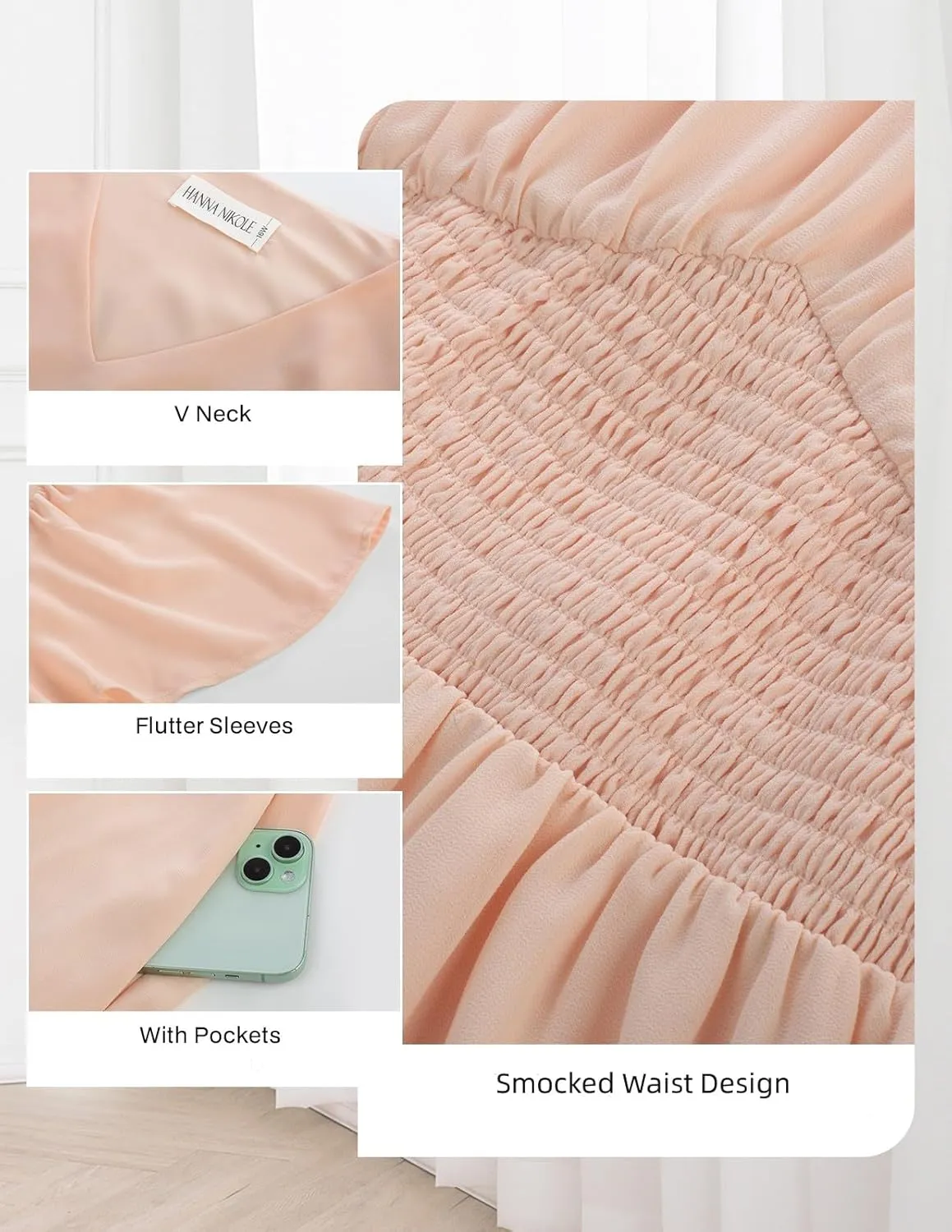 Hanna Nikole Womens Plus Size Chiffon Cocktail Dress Smocked Waist Ruffle Sleeve Party Wedding Guest Dress with Pockets