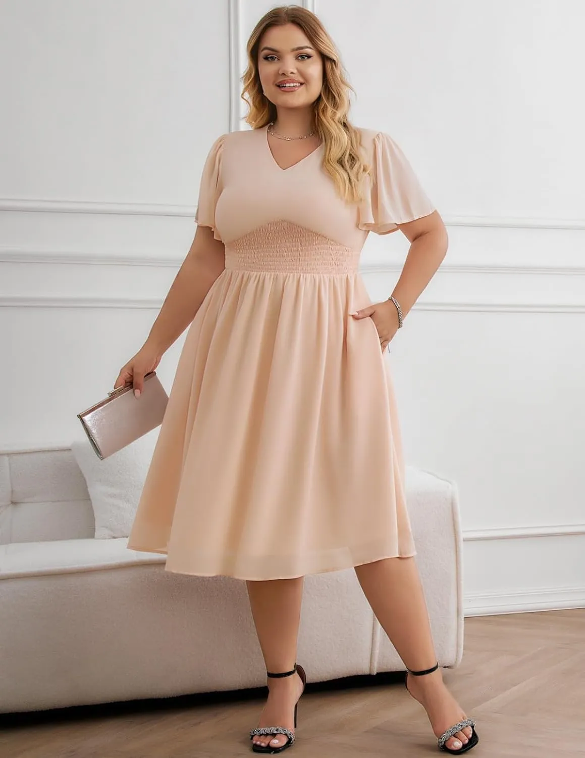 Hanna Nikole Womens Plus Size Chiffon Cocktail Dress Smocked Waist Ruffle Sleeve Party Wedding Guest Dress with Pockets
