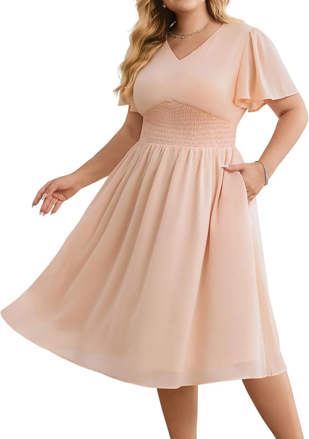 Hanna Nikole Womens Plus Size Chiffon Cocktail Dress Smocked Waist Ruffle Sleeve Party Wedding Guest Dress with Pockets