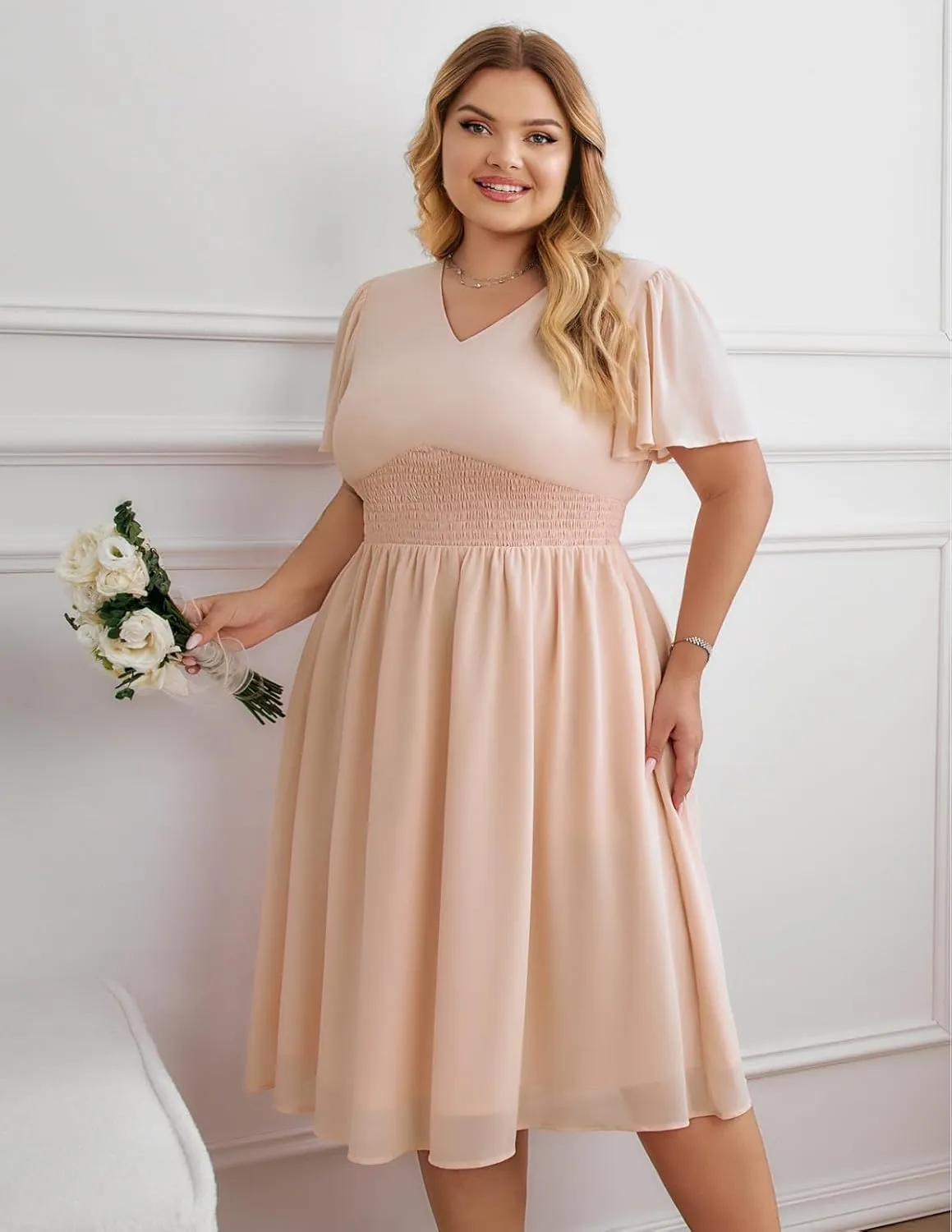 Hanna Nikole Womens Plus Size Chiffon Cocktail Dress Smocked Waist Ruffle Sleeve Party Wedding Guest Dress with Pockets