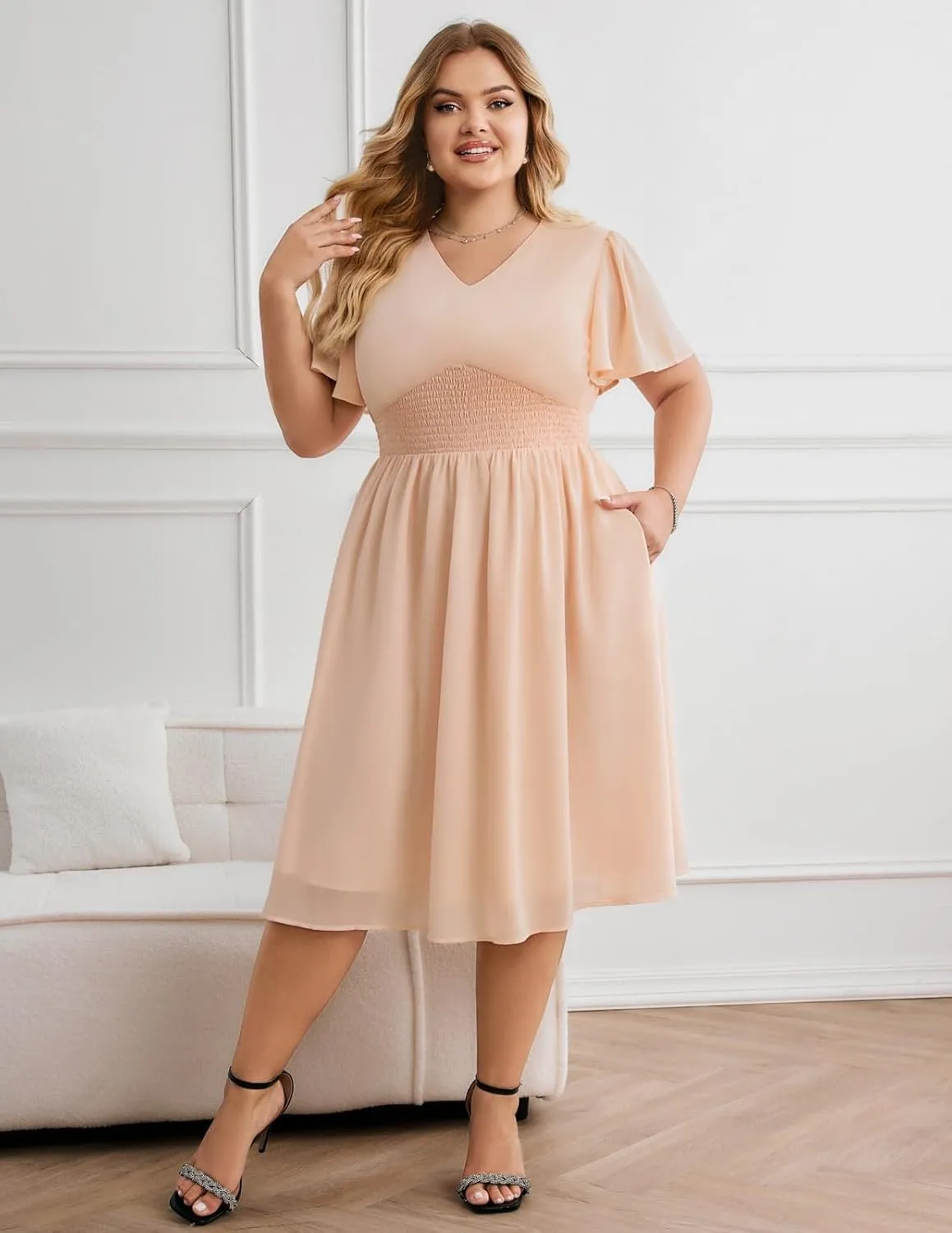 Hanna Nikole Womens Plus Size Chiffon Cocktail Dress Smocked Waist Ruffle Sleeve Party Wedding Guest Dress with Pockets